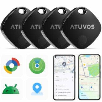 Vier schwarze Bluetooth-Tracker mit Smartphone-Apps