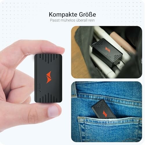 Kompakter GPS-Tracker in Hand, Tasche und Hosentasche