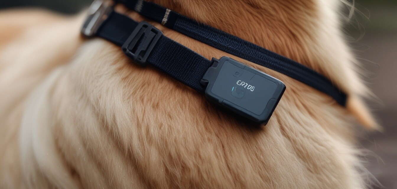 Nahaufnahme eines GPS-Trackers an einem Haustierhalsband