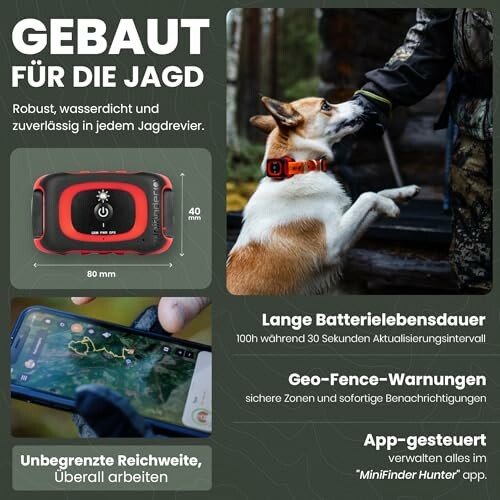 Werbung für einen wasserdichten GPS-Tracker für Hunde mit langer Batterielebensdauer und App-Steuerung.