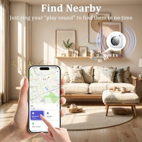 Smartphone zeigt Tracking-App in einem Wohnzimmer.