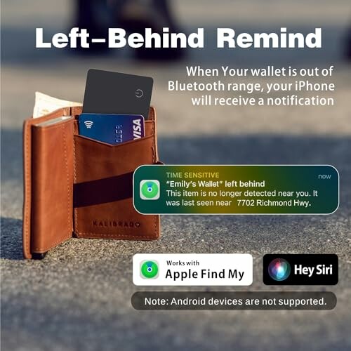 Braune Brieftasche mit Karten und Bluetooth-Benachrichtigung.