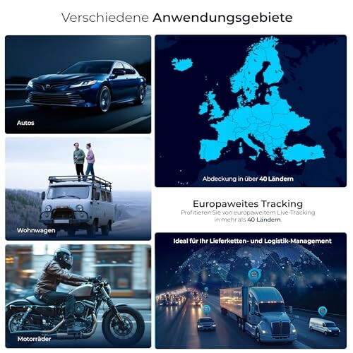 Fahrzeugverfolgung in Europa, einschließlich Autos, Wohnwagen und Motorräder.